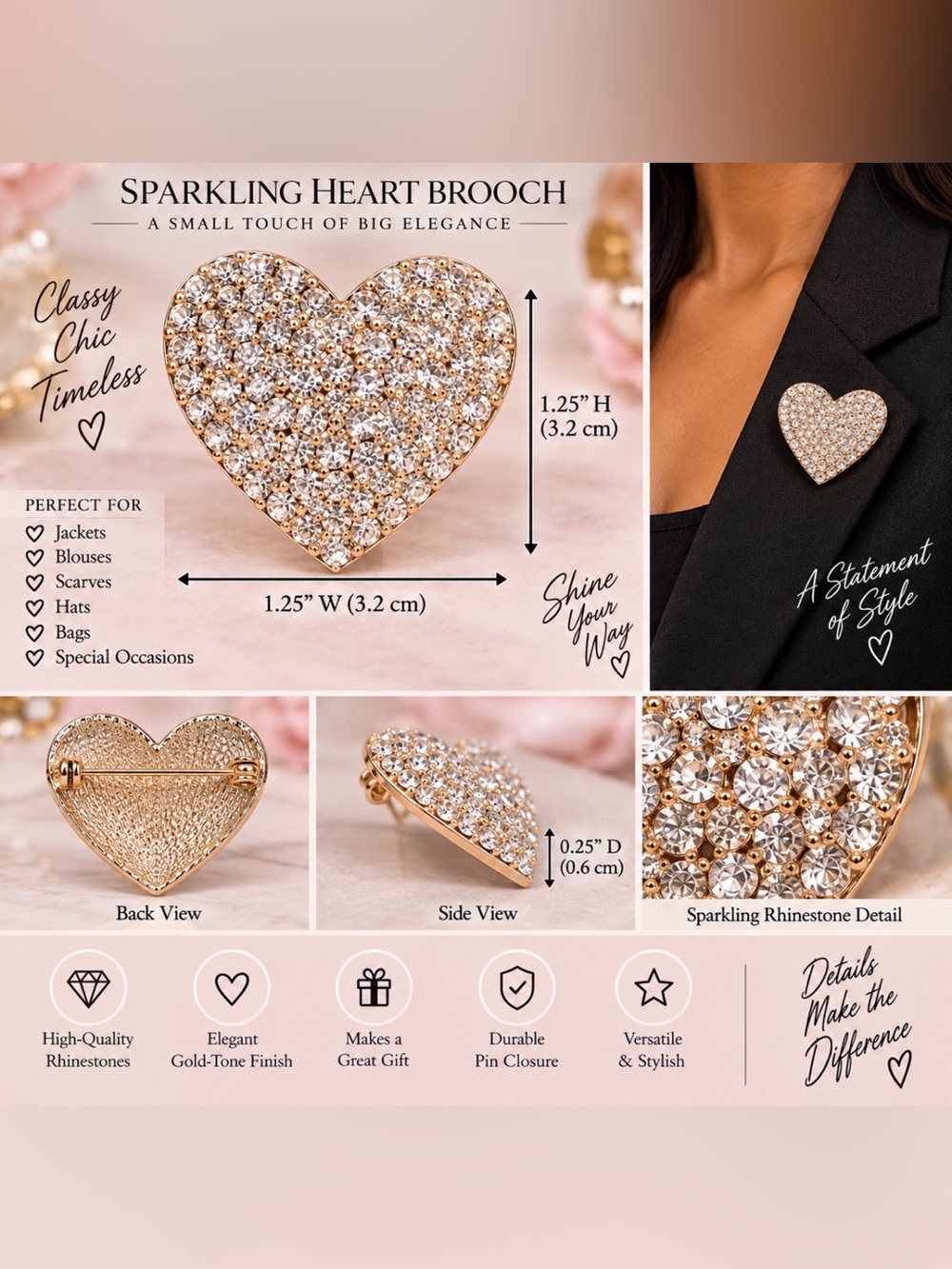 Sparkling Heart Brooch Pin - Gold Tone with Clear Rhinestones